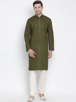 Vastramay - Green Cotton Linen Blend Kurta And Churidar (Set of 2)