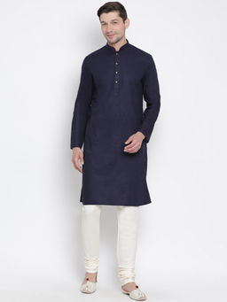 Vastramay - Navy Blue Cotton Linen Blend Kurta And Churidar (Set of 2)