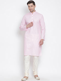 Vastramay - Pink Cotton Linen Blend Kurta And Churidar (Set of 2)