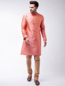 Vastramay - Men's Pink and Rose Gold Silk Blend Kurta Pyjama (Set of 2)