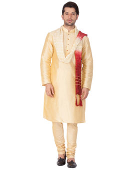 Vastramay - Gold Silk Blend Kurta With Churidar & Dupatta (Set of 3)
