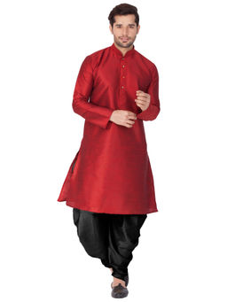 Vastramay - Maroon Silk Blend Kurta And Dhoti Pant (Set of 2)