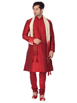 Vastramay - Maroon Silk Blend Kurta With Churidar & Dupatta (Set of 3)