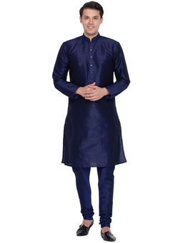Vastramay - Navy Blue Silk Blend Kurta And Churidar (Set of 2)