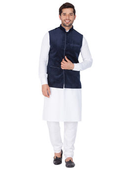 Vastramay - White Cotton Kurta With Ethnic Jacket And Churidar (Set of 3)