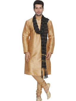 Vastramay - Gold Silk Blend Kurta With Churidar & Dupatta (Set of 3)