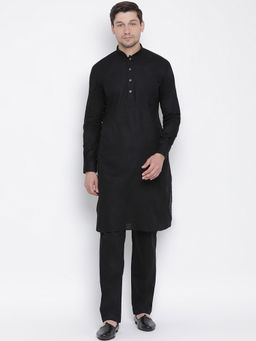 Vastramay - Black Cotton Linen Blend Kurta With Pyjama (Set of 2)