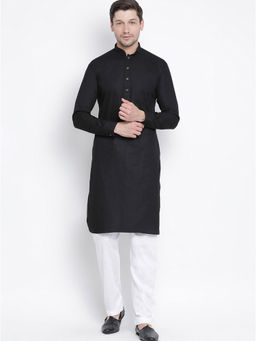 Vastramay - Black Cotton Linen Blend Kurta With Pyjama (Set of 2)