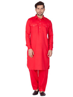 Vastramay - Red Cotton Pathani Kurta With Pyjama (Set of 2)