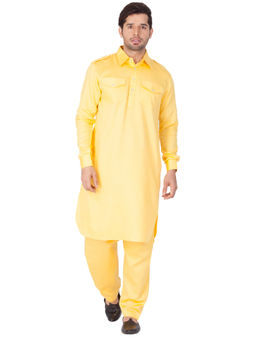 Vastramay - Yellow Cotton Pathani Kurta With Pyjama (Set of 2)