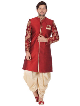 Vastramay - Maroon Silk Blend Sherwani With Dhoti (Set of 2)