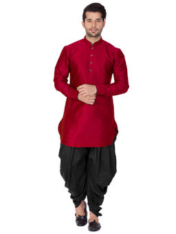 Vastramay - Maroon Silk Blend Kurta And Dhoti Pant (Set of 2)