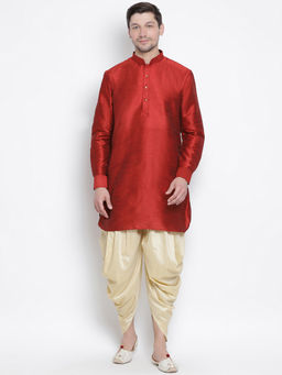 Vastramay - Maroon Silk Blend Kurta And Dhoti Pant (Set of 2)