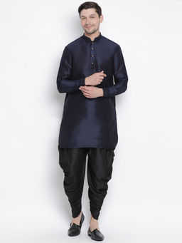 Vastramay - Navy Blue Silk Blend Kurta And Dhoti Pant (Set of 2)