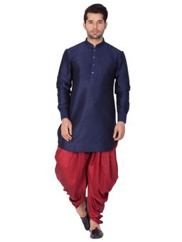 Vastramay - Navy Blue Silk Blend Kurta And Dhoti Pant (Set of 2)