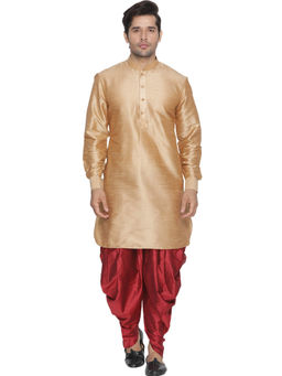 Vastramay - Gold Silk Blend Kurta And Dhoti Pant (Set of 2)