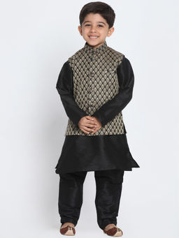 Vastramay - Boys Black And Gold Silk Blend Jacket Kurta With Pyjama (Set of 3)
