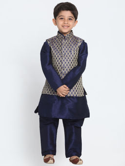 Vastramay - Boys Navy Blue And Gold Silk Blend Jacket Kurta With Pyjama (Set of 3)