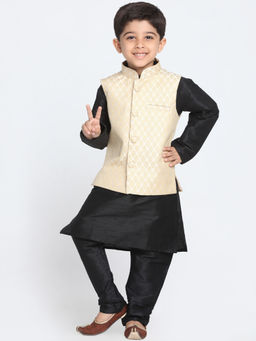 Vastramay - Boys Cream And Black Silk Blend Jacket Kurta With Pyjama (Set of 3)