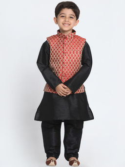 Vastramay - Boys Black Maroon And Gold Silk Blend Jacket Kurta With Pyjama (Set of 3)