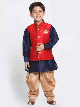 Vastramay - Boys Maroon Rose Gold Silk Blend Jacket Kurta With Dhoti (Set of 3)