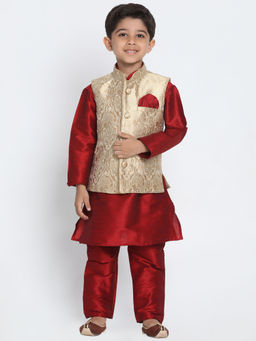 Vastramay - Boys Maroon And Gold Silk Blend Jacket Kurta With Pyjama (Set of 3)