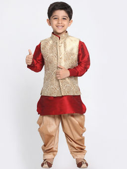 Vastramay - Boys Maroon & Gold Silk Blend Jacket Kurta With Dhoti (Set of 3)