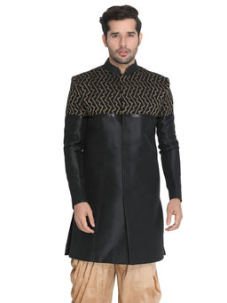 Vastramay - Mens Black Silk Blend Sherwani Only Top