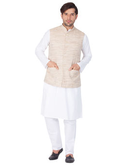 Vastramay - Mens White Pure Cotton Jacket, Kurta and Pyjama (Set of 3)