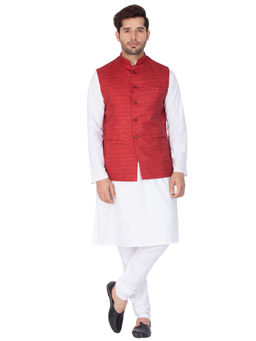 Vastramay - Mens White Pure Cotton Jacket, Kurta and Churidar (Set of 3)