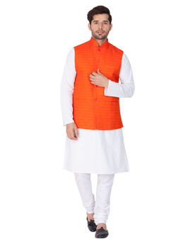 Vastramay - Mens White Pure Cotton Jacket, Kurta and Churidar (Set of 3)