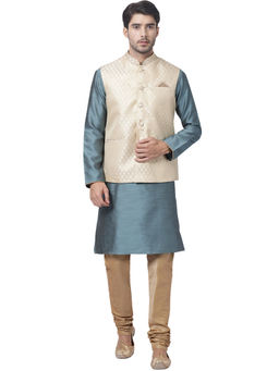 Vastramay - Mens Light Blue Silk Blend Jacket, Kurta And Pyjama (Set Of 3)