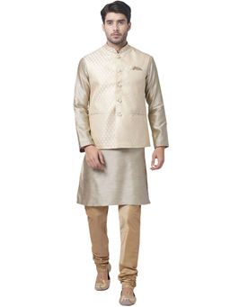 Vastramay - Mens Beige Silk Blend Jacket, Kurta And Pyjama (Set Of 3)