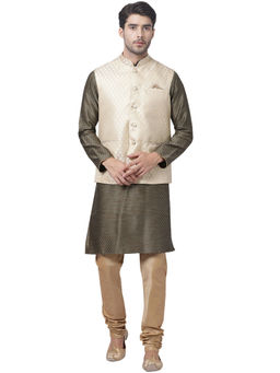 Vastramay - Mens Black Silk Blend Jacket, Kurta And Pyjama (Set Of 3)