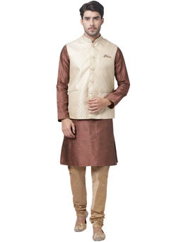Vastramay - Mens Maroon Silk Blend Jacket, Kurta And Pyjama (Set Of 3)