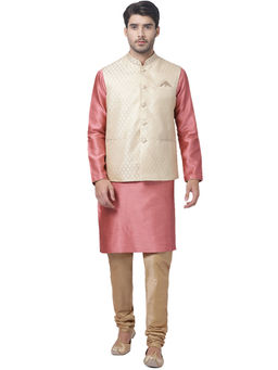 Vastramay - Mens Pink Silk Blend Jacket, Kurta And Pyjama (Set Of 3)