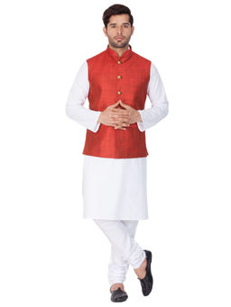 Vastramay - Mens White Pure Cotton Jacket, Kurta and Churidar (Set of 3)