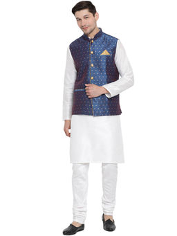 Vastramay - Mens White Silk Blend Jacket, Kurta And Pyjama (Set Of 3)