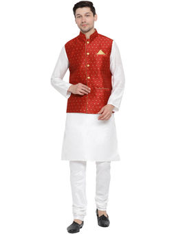 Vastramay - Mens White Silk Blend Jacket, Kurta And Pyjama (Set Of 3)