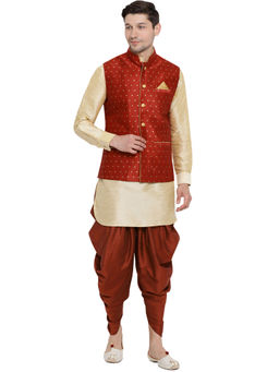 Vastramay - Mens Gold Silk Blend Jacket, Kurta And Dhoti (Set Of 3)