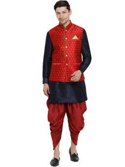Vastramay - Mens Deep Navy Blue Silk Blend Jacket, Kurta and Dhoti (Set of 3)