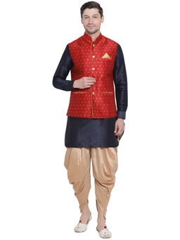 Vastramay - Men Navy Blue Cotton Silk Jacket, Kurta And Dhoti (set Of 3)
