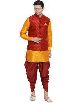 Vastramay - Mens Orange Silk Blend Jacket, Kurta and Dhoti (Set of 3)