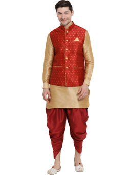 Vastramay - Men Gold Cotton Silk Jacket, Kurta And Dhoti (set Of 3)