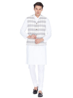 Vastramay - Mens White Pure Cotton Jacket, Kurta and Churidar (Set of 3)