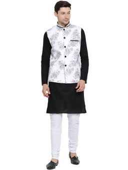 Vastramay - Mens Black Cotton Linen Blend Jacket, Kurta And Pyjama (Set Of 3)