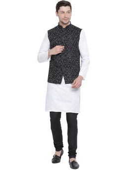Vastramay - Mens White Cotton Linen Blend Jacket, Kurta and Pyjama (Set of 3)