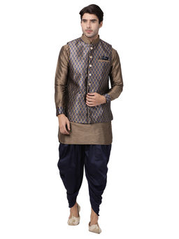 Vastramay - Mens Navy Blue Silk Blend Jacket, Kurta And Dhoti (Set Of 3)