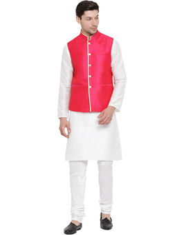 Vastramay - Mens White Silk Blend Jacket, Kurta and Pyjama (Set of 3)