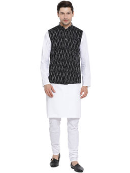 Vastramay - Mens White Pure Cotton Jacket, Kurta And Churidar (Set Of 3)
